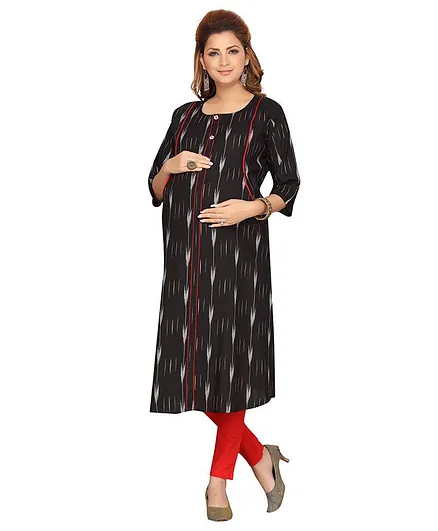 Moms Bee Three Fourth Sleeves Ikkat Maternity Kurta - Black