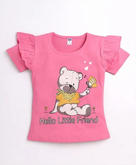 Nottie Planet Short Sleeves Ruffle Detailed Bear Print Top - Pink