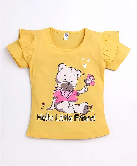 Nottie Planet Short Sleeves Ruffle Detailed Bear Print Top - Yellow