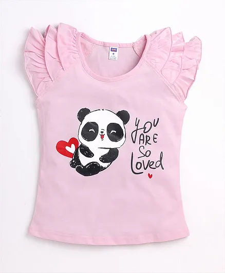 Nottie Planet Panda Print Short Sleeves Ruffle Detailed Top - Pink