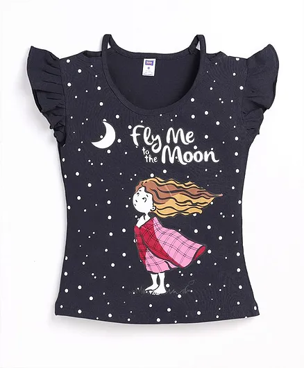 Nottie Planet Fly Me Print Cap Sleeves Tee - Navy Blue