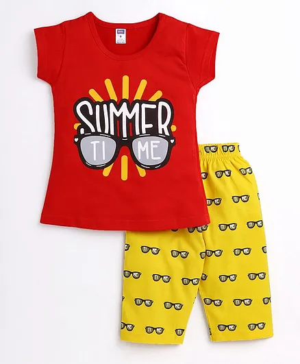 Nottie Planet Cap Sleeves Summer Print Night Suit - Red