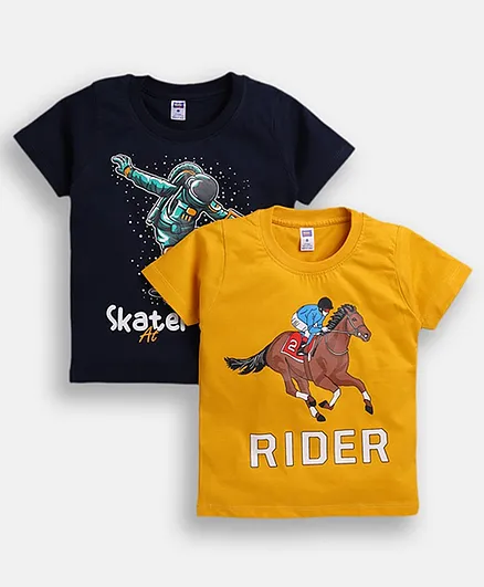 Nottie Planet Pack Of 2 Half Sleeves Skater & Rider Printed Tee - Navy Blue & Yellow