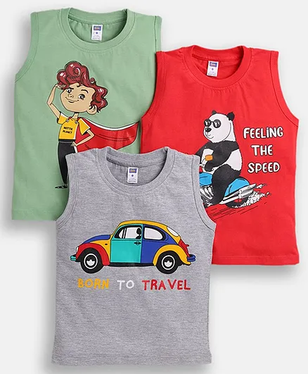 Nottie Planet Pack Of 3 Sleeveless Rider Panda & Car Printed Tee - Red & Grey