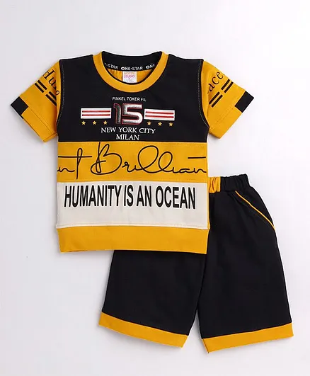 Nottie Planet Half Sleeves Humanity Print Tee With Shorts - Yellow