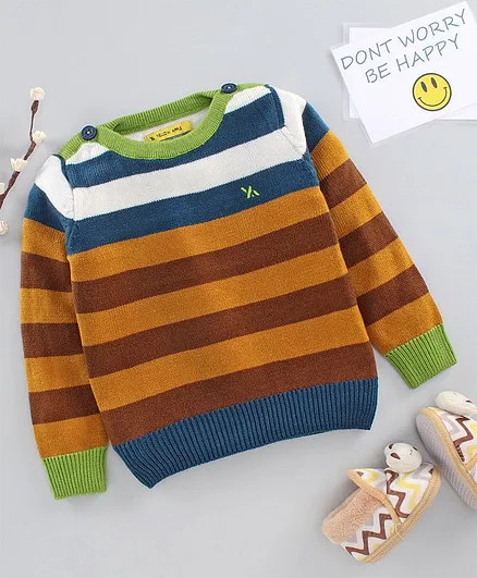 Yellow Apple Full Sleeves Pullover Sweater Stripes Print - Multicolor