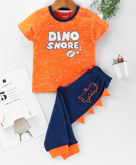 Babyhug Half Sleeves Bio Wash Night Suit Dino Print - Orange Navy Blue