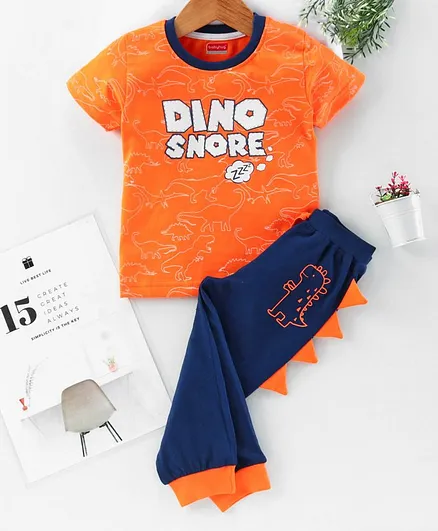 Babyhug Half Sleeves Bio Wash Night Suit Dino Print - Orange Navy Blue