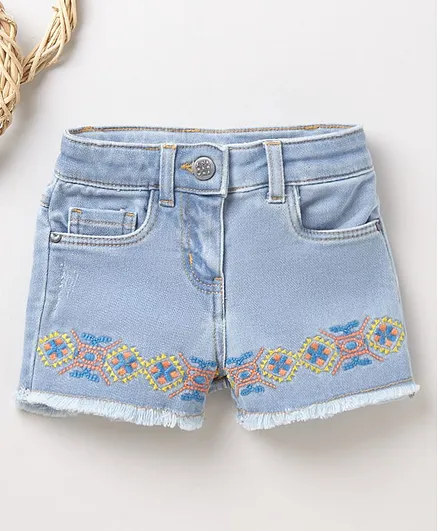 Ed-a-Mamma Flower Embroidery Frayed Hem Shorts - Light Blue