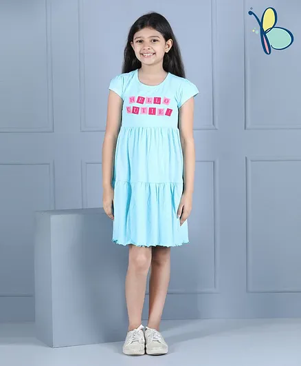 Hola Bonita Half Sleeves Frock Text Print With Mask - Blue
