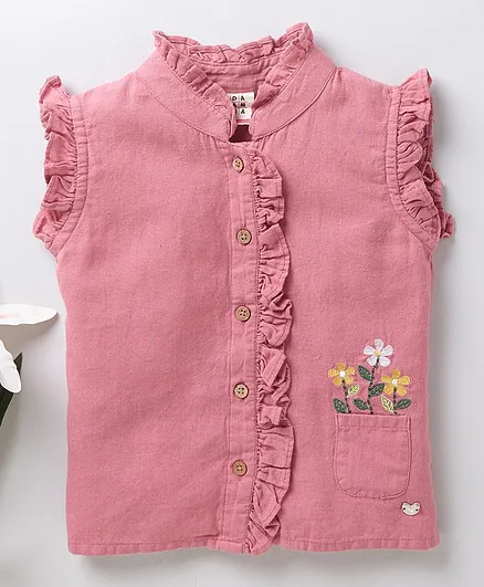 Ed-a-Mamma Sleeveless Collared Flower Design Ruffled Button Down Top - Pink