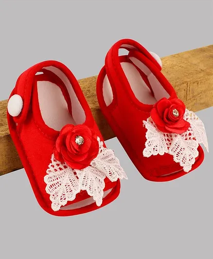 Daizy Flower Applique Sandal Style Booties - Red