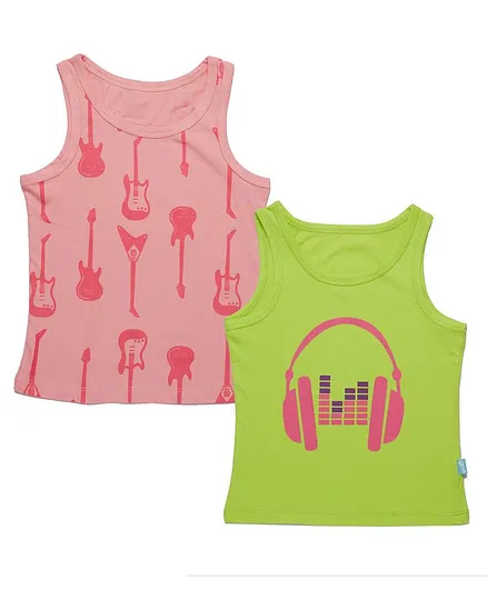 Plan B Pack Of 2 Sleeveless Guitar & Headphones Print Vests - Green & Peach