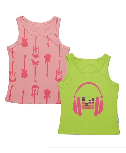 Plan B Pack Of 2 Sleeveless Guitar & Headphones Print Vests - Green & Peach
