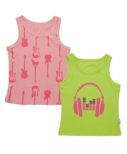 Plan B Pack Of 2 Sleeveless Guitar & Headphones Print Vests - Green & Peach
