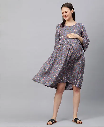 MomToBe Three Fourth Sleeves Flower Print Maternity Dress - Grey