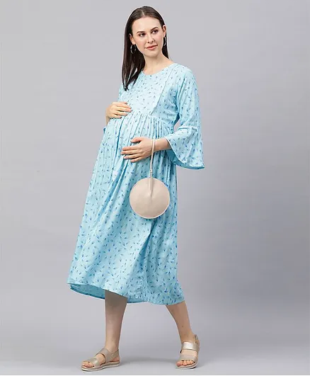 MomToBe Full Sleeves Leaves Printed Maternity Dress - Sky Blue