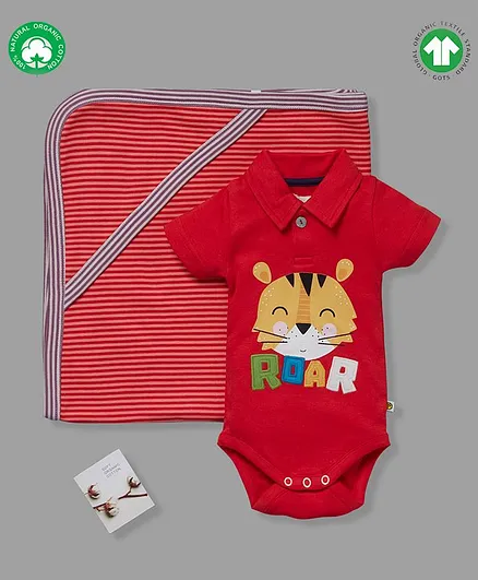 Pranava Organic Cotton Short Sleeves Roar Patch Onesie With Blanket Set - Red