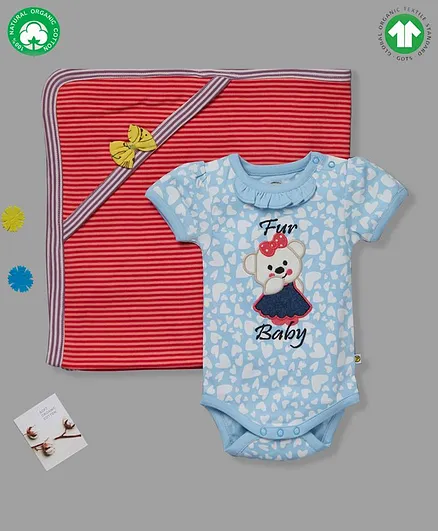 Pranava Organic Cotton Short Sleeves Heart Print Onesie With Blanket Set - Blue