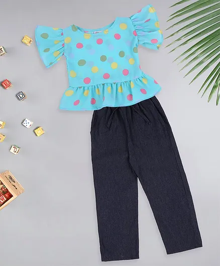 oui oui Half Sleeves Polka Dot Printed Top With Palazzo - Blue