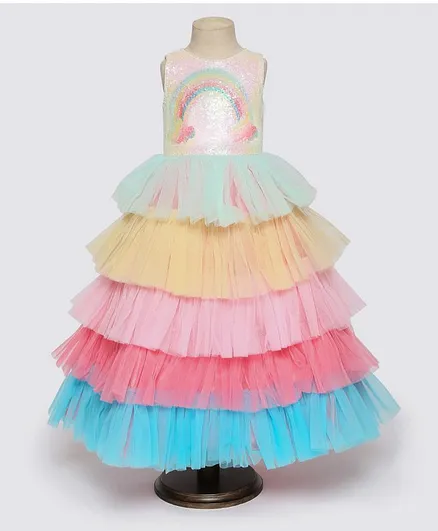 oui oui Sleeveless Unicorn Sequin Detailing Layered Gown - Multi Colour