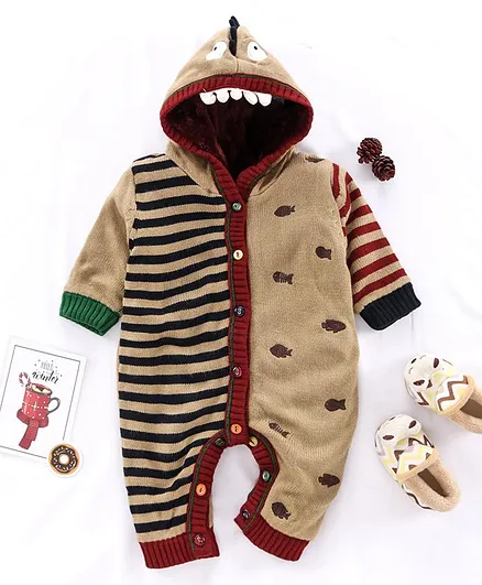 Yellow Apple Full Sleeves Hooded Winter Wear Romper - Beige