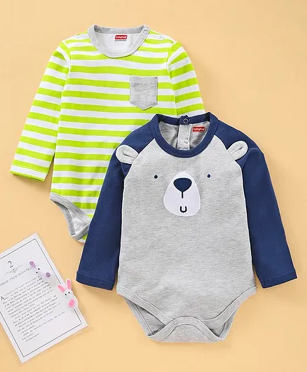 Babyhug Full Sleeves Cotton Onesies Multi Print Pack of 2 - Green Grey