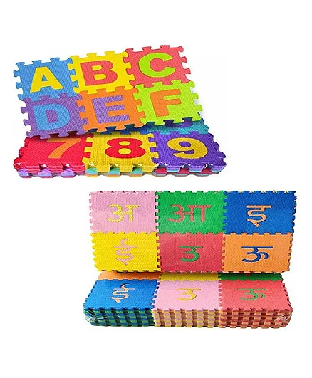 New Pinch 36 Pieces Mini Alphabet and Number Mat with 48 Pieces Hindi Varnmala Mini Puzzle Foam Mat for Kids - Multicolor
