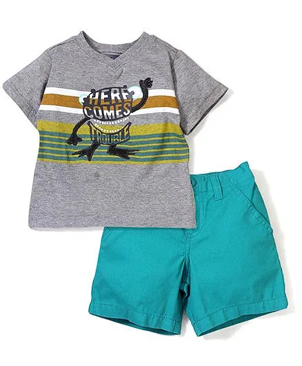 Boyz Wear Trouble Print T-Shirt & Pant Set - Grey & Green
