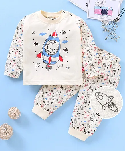 Mini Taurus Full Sleeves Night Suit Rocket Print - White Blue