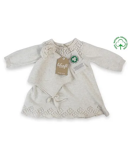 LilSoft Organic Cotton Full Sleeves Sweater Dress Hat Set - Beige