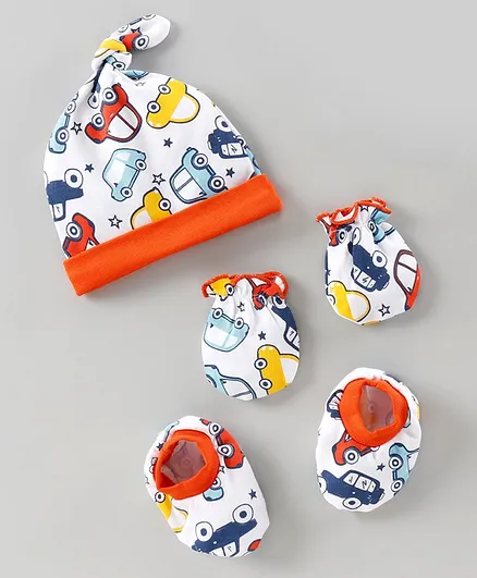 Babyhug Cap Mitten And Booties Set Car Print Multicolor - Cap Diamter - 11 cm