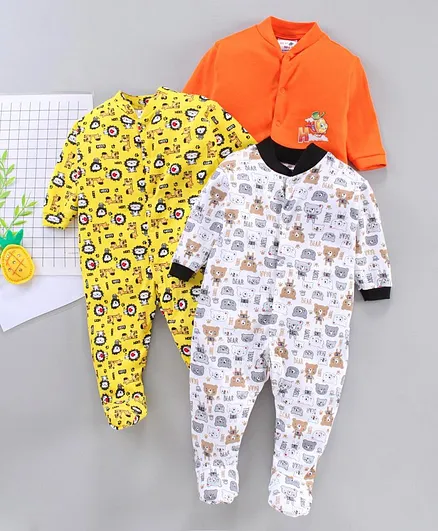 Kidi Wav Full Sleeves Teddy Bear Print Sleepsuit Pack Of 3 - Orange