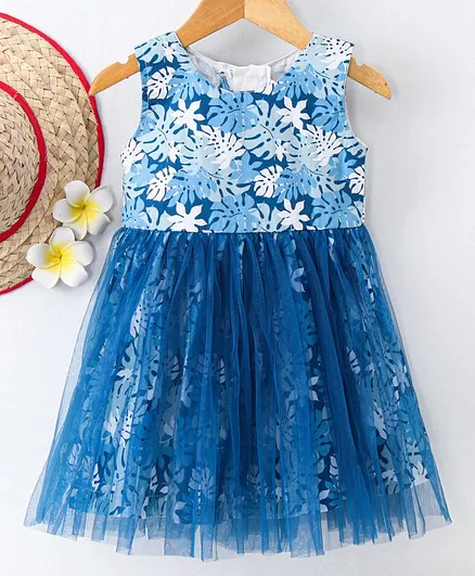 Rassha Sleeveless Leaves Printed Dress - Blue