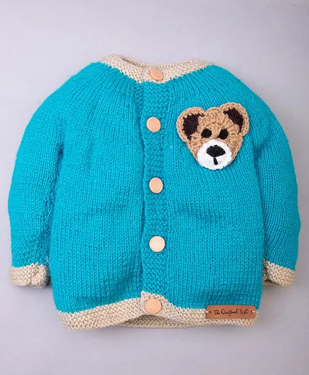 The Original Knit Full Sleeves Teddy Applique Sweater - Blue