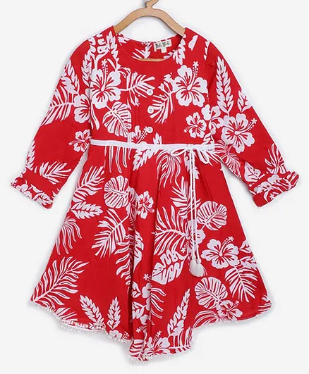 Bella Moda Full Sleeves Hibiscus Printed Dress - Red