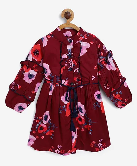Bella Moda Full Sleeves Floral Print Dress - Maroon
