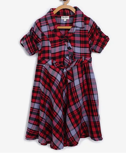 Bella Moda Full Sleeves Checked Dress - Red