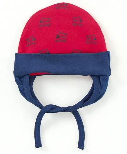 Babyhug 100%Cotton Cap With Tie Knot Style Fire Brigade Print Red - Diameter 9.5 cm