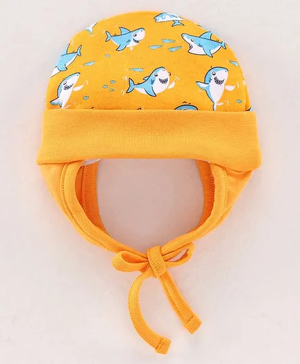 Babyhug 100% Cotton Cap With Tie Knot Shark Print White Orange - Diameter 9.5 cm