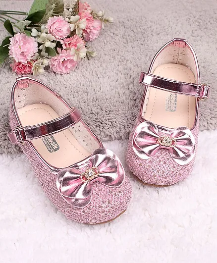 Cute Walk By Babyhug Belly Shoes Studded Bow Applique - Pink
