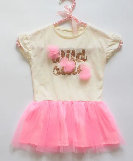 Many Frocks & Cap Sleeves Shimmery Wild Sale Print Net Dress - Pink & Cream