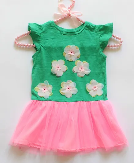 Many Frocks & Cap Sleeves Flower Embellished Dress - Pink & Green