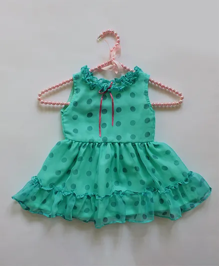 Many Frocks & Sleeveless Polka Dot Print Frill Fit & Flare Dress - Green