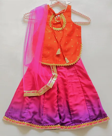 Many Frocks & Sleeveless Gold Lace Embellished Choli With Ombre Palazzo With Dupatta - Orange & Pink