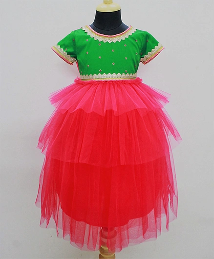 Many Frocks & Short Sleeves Embellished Lace Detailed Layered Net Gown - Pink