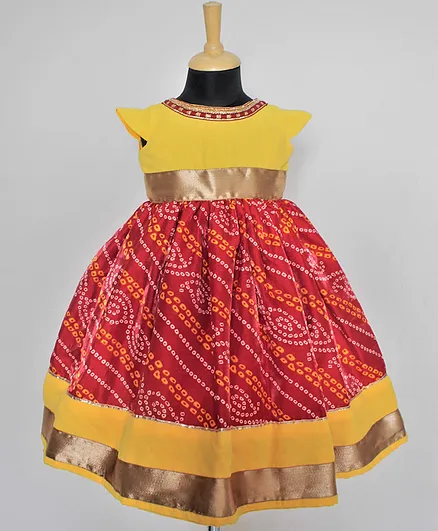 Many Frocks & Cap Sleeves Bandhani Ethnic Party Dress - Red & Yellow