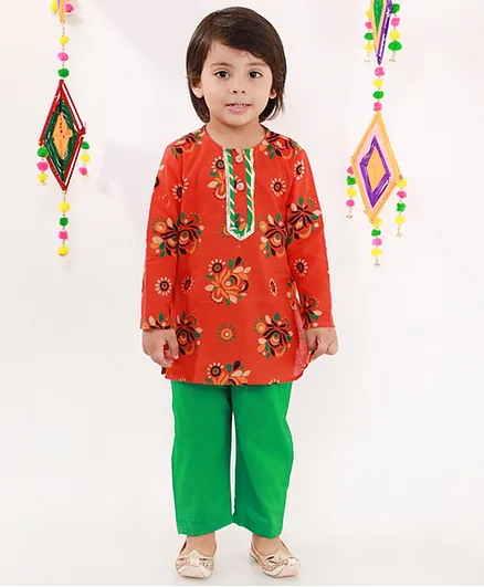 M'andy Full Sleeves Block Print Kurta With Contrast Pajama - Orange