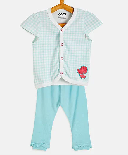 Aomi Short Sleeves Checkered Tee With Pants - White & Blue