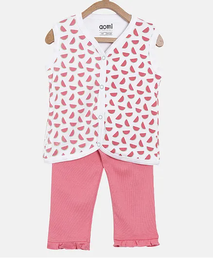 Aomi Sleeveless Watermelon Printed Tee With Pants - Pink & White